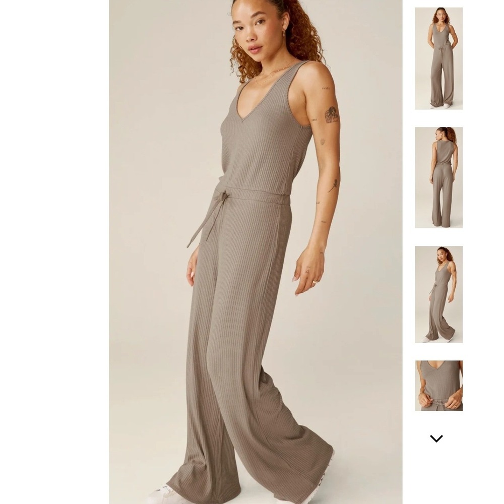 Beyond Yoga Womens Ribbed V-Neck Wide Leg Jumpsuit Taupe Brown XS